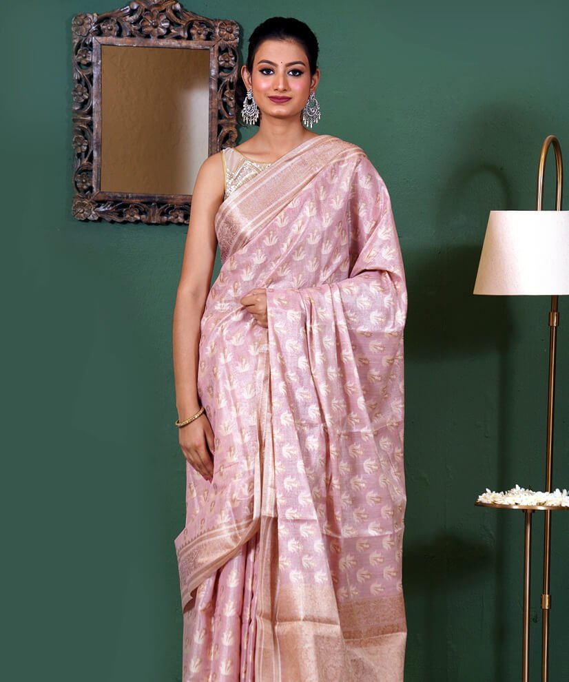 Blush Pink Assam Monga Tissue Handwoven Saree