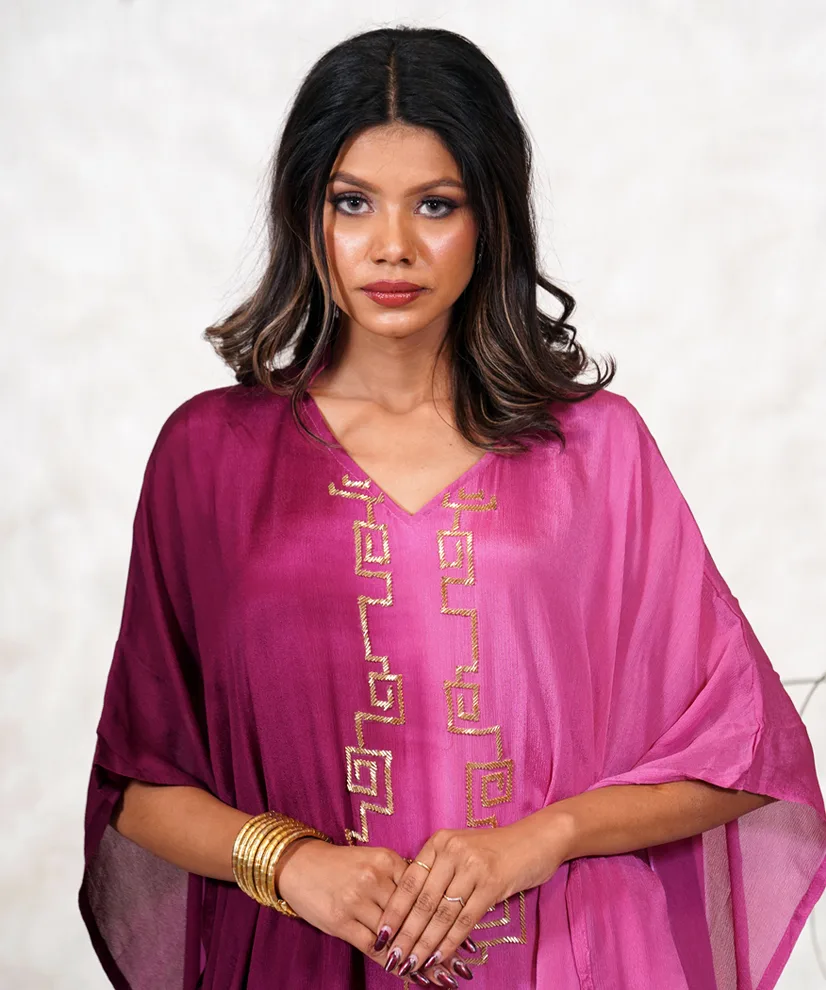 Magenta Ombre Kaftan with Gold Katdana Embroidery