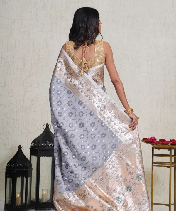 Regal Grey Banarasi Katan Silk Saree with Handwoven Jal Design