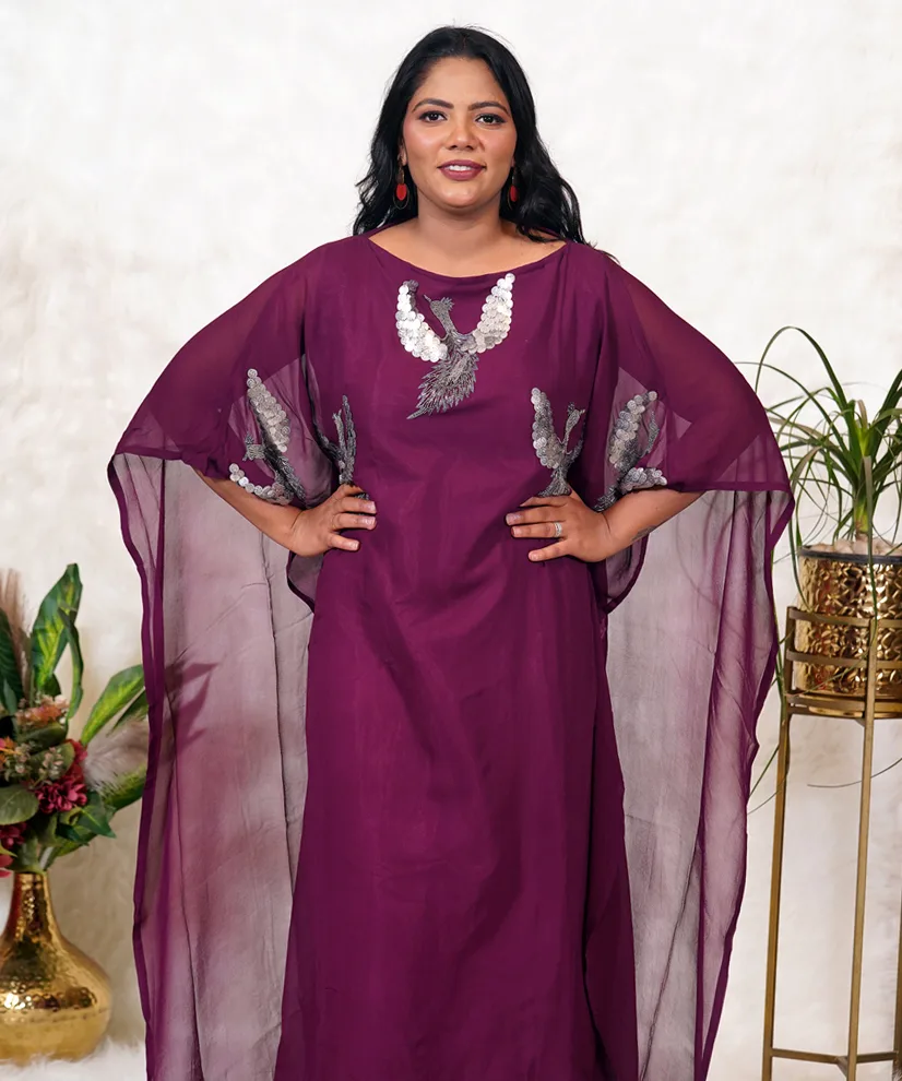 Royal Plum Kaftan with Handcrafted Embellished Birds