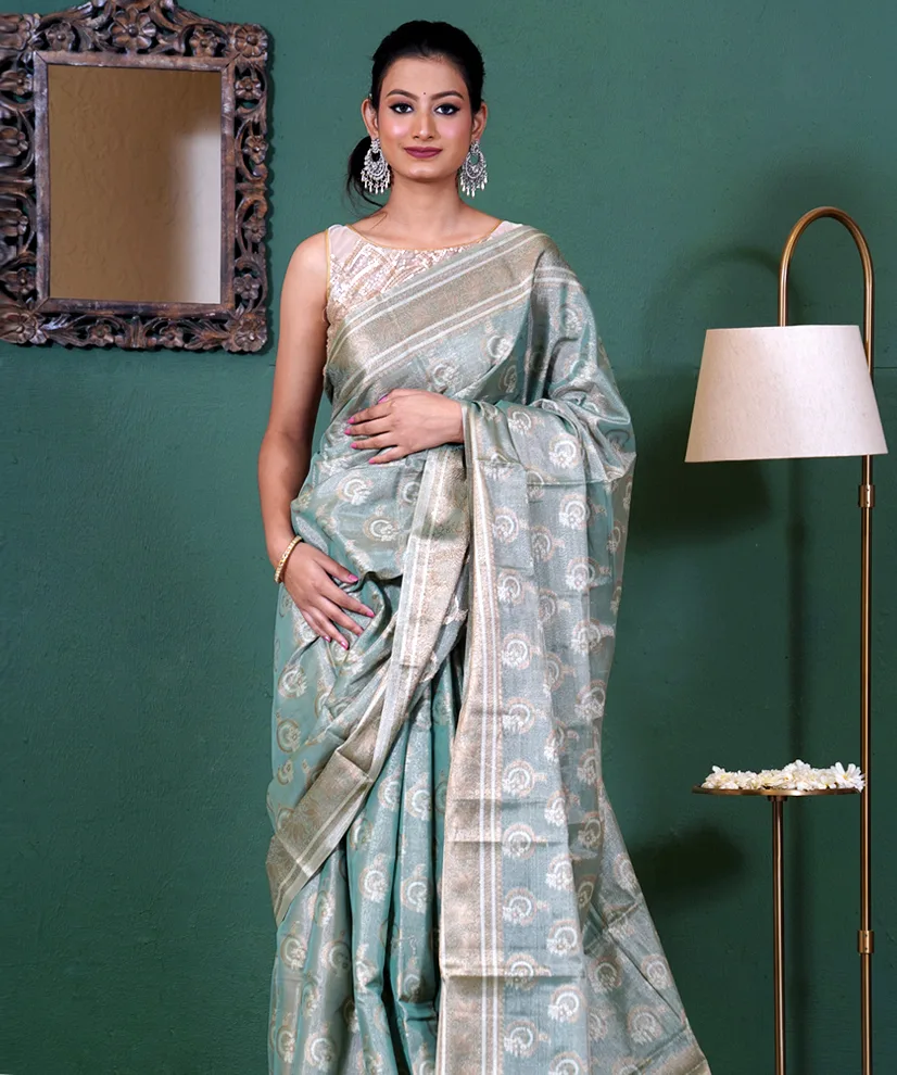 Timeless Teal Assam Monga Tissue Handwoven Saree