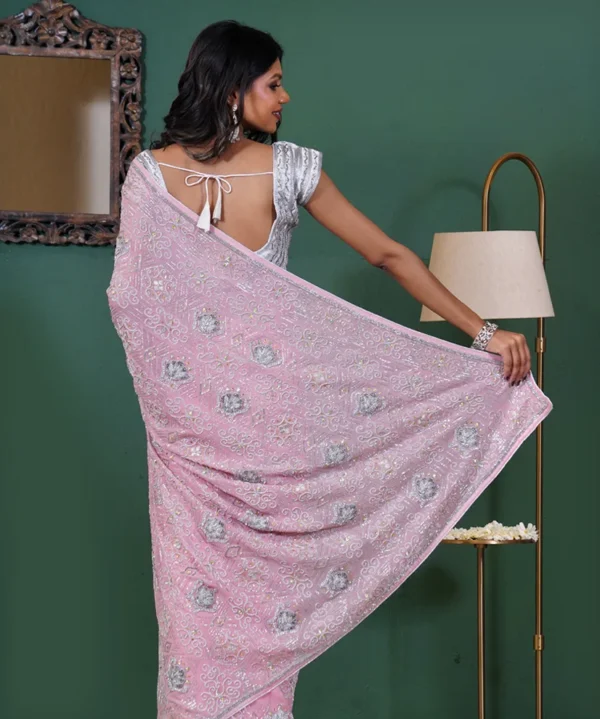 Blush Pink Heavy Katdana & Mukesh Hand-Embroidered Georgette Saree