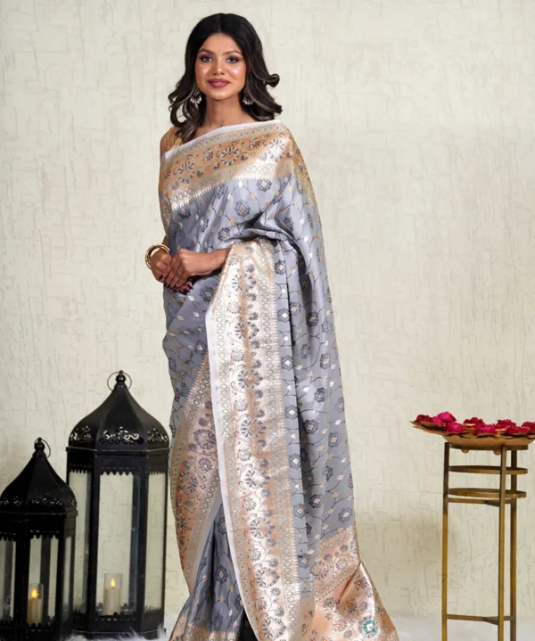 Regal Grey Banarasi Katan Silk Saree with Handwoven Jal Design