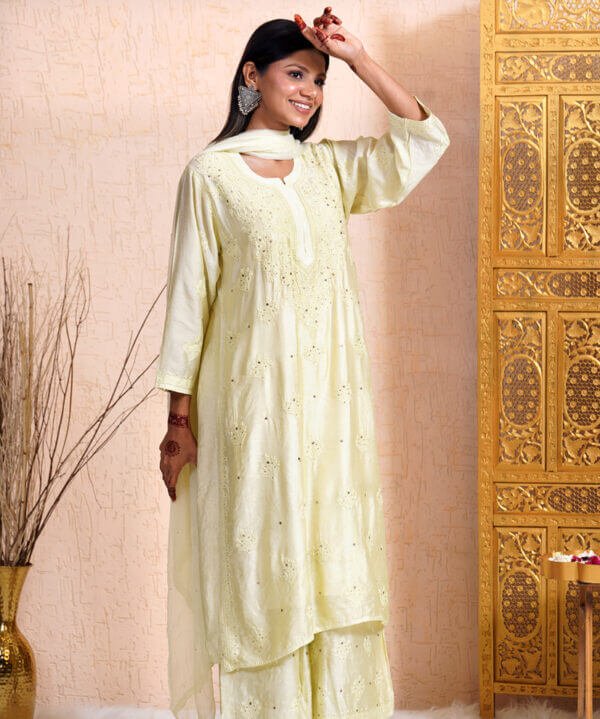 Lime Green Mulmul Chikankari Kurta Set with Mukesh Work Ethereal Elegance - Image 2