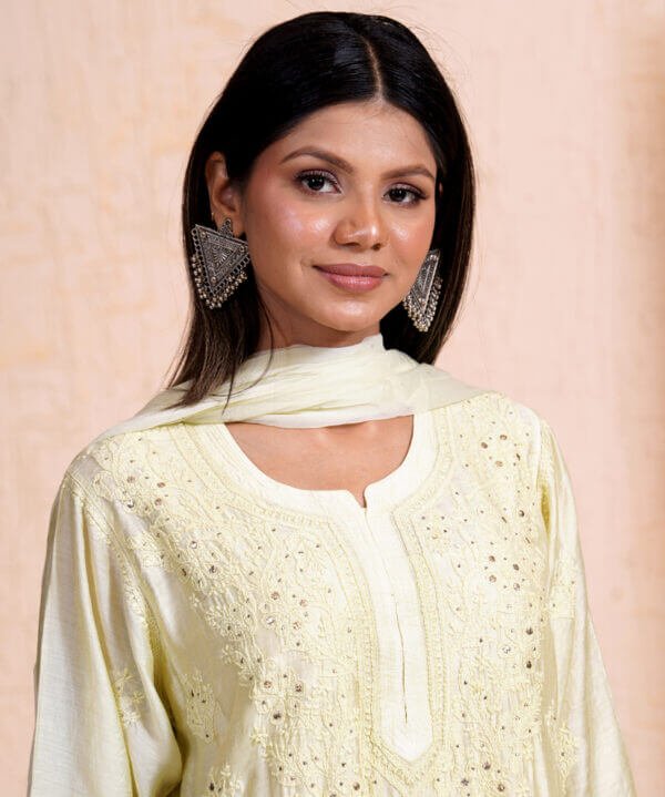 Lime Green Mulmul Chikankari Kurta Set with Mukesh Work Ethereal Elegance - Image 3