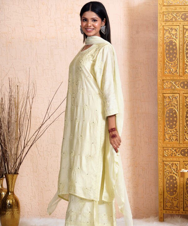 Lime Green Mulmul Chikankari Kurta Set with Mukesh Work Ethereal Elegance - Image 4