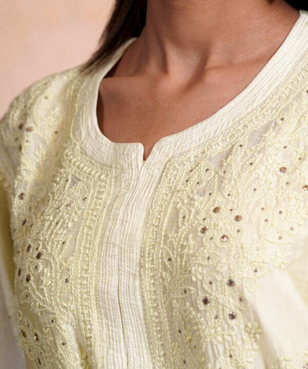 Lime Green Mulmul Chikankari Kurta Set with Mukesh Work Ethereal Elegance - Image 5