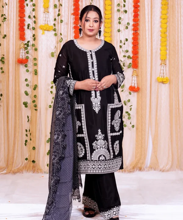 Black Embroidered Kurta Set with Contrasting Polka Dot Dupatta
