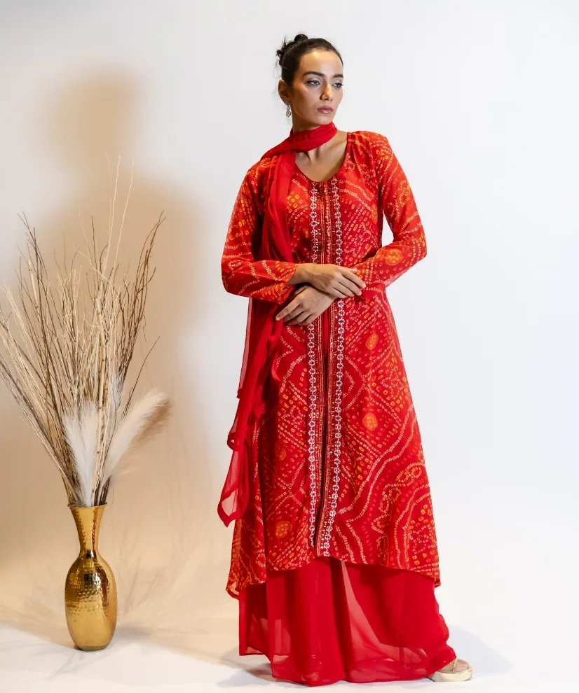 Vibrant Vermillion Georgette Bandhani-Inspired Kurta Set with Embellished Detail