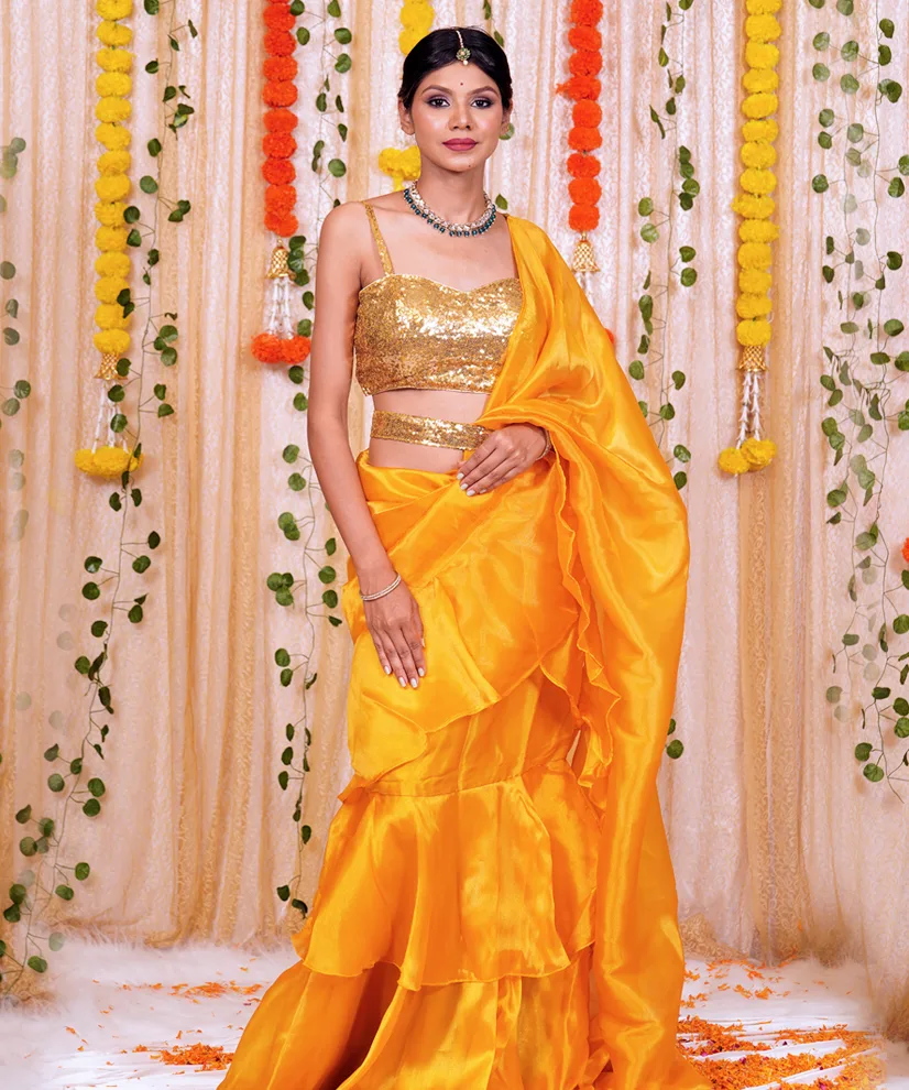 Marigold Yellow Pre-Draped Organza Ruffle Saree with Sequinned Blouse & Belt
