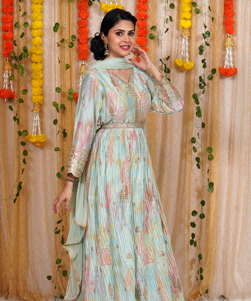 Pastel Bliss Chinon Silk Anarkali with Embroidered Accents