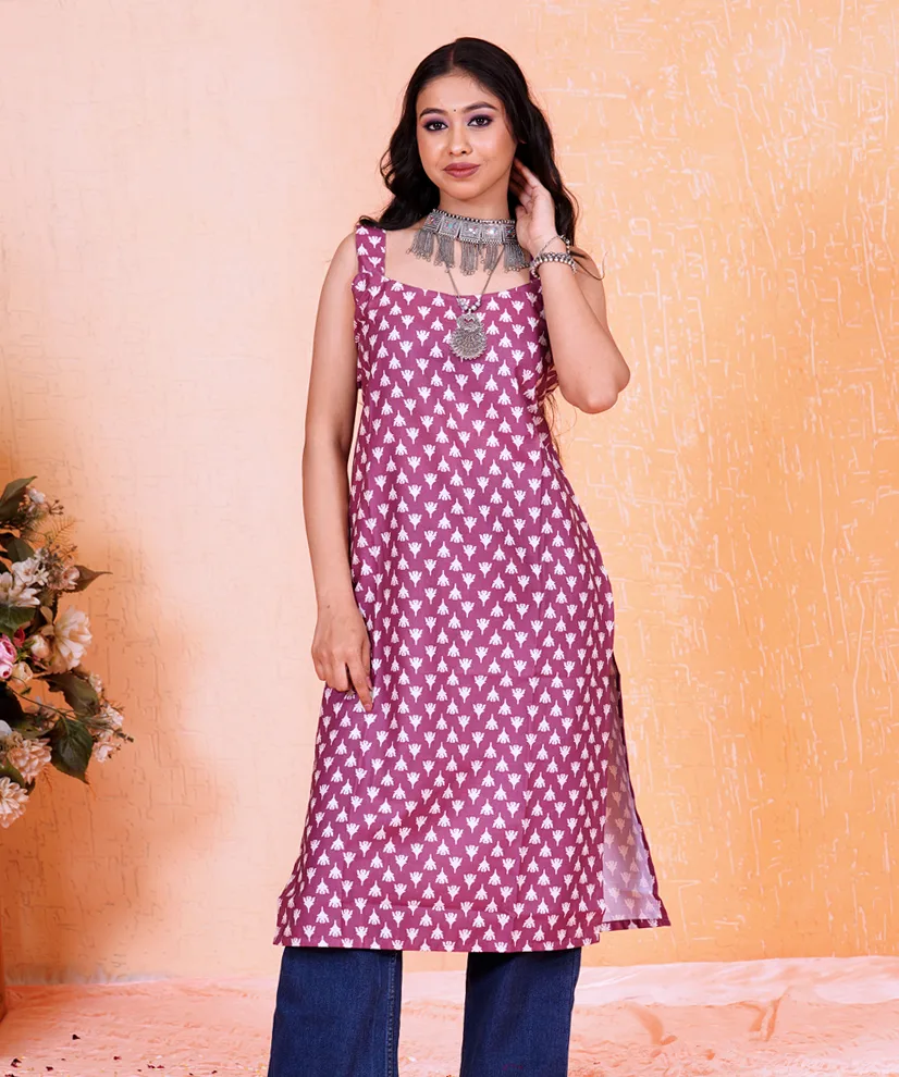 Berry Pink Abstract Print Sleeveless Cotton Kurti
