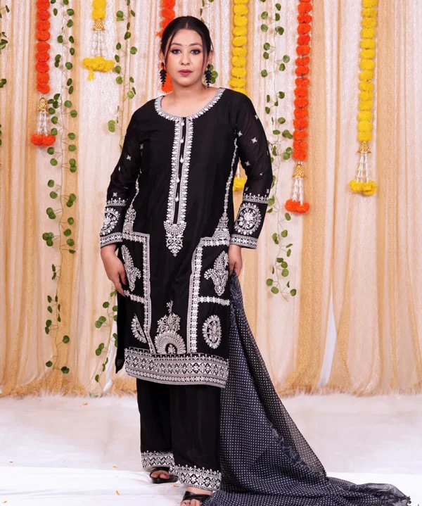 Black Embroidered Kurta Set with Contrasting Polka Dot Dupatta