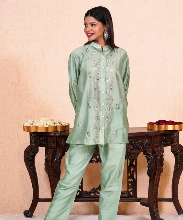 Sage Green Chanderi Pitta Work Co-ord Set Subtle Opulence