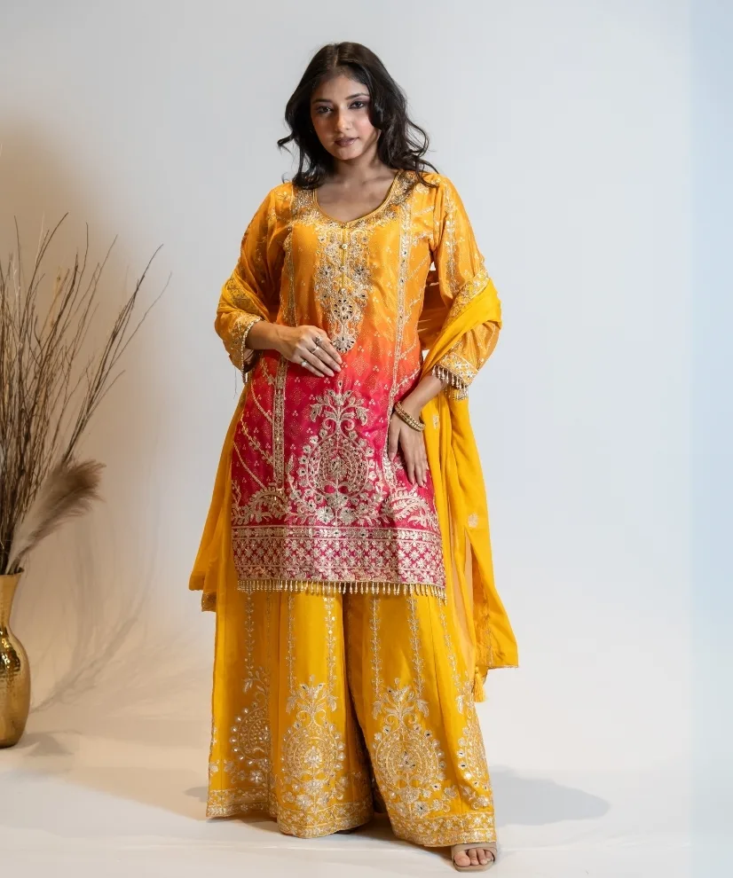 Sunshine Splendor: Yellow Kurta Set with Multicolored Embroidered Skirt & Dupatta