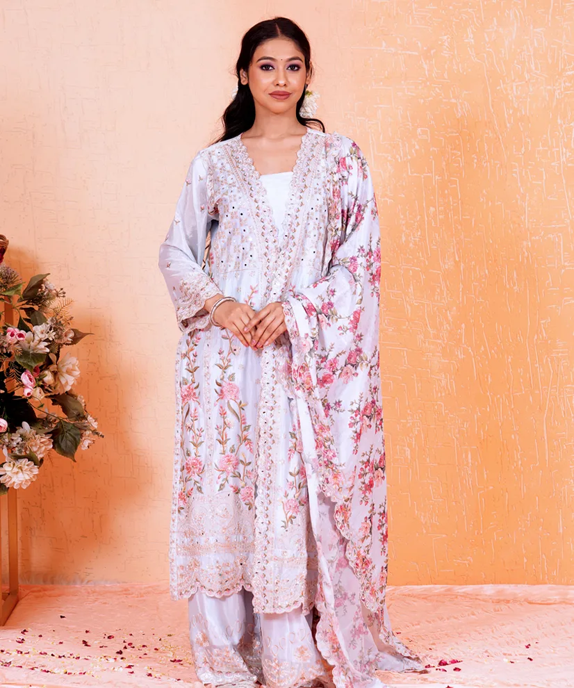 Powder Blue Embroidered Kurta Set with Floral Printed Dupatta