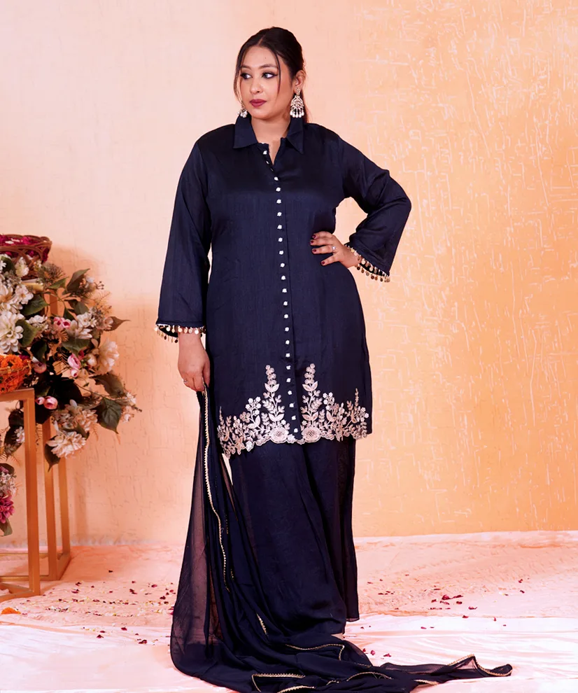 Midnight Blue Embroidered Kurta Set with Sharara & Dupatta