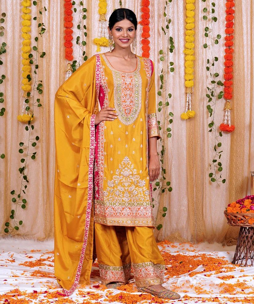 Mustard Yellow Embroidered Sharara Set with Pink Contrast Dupatta