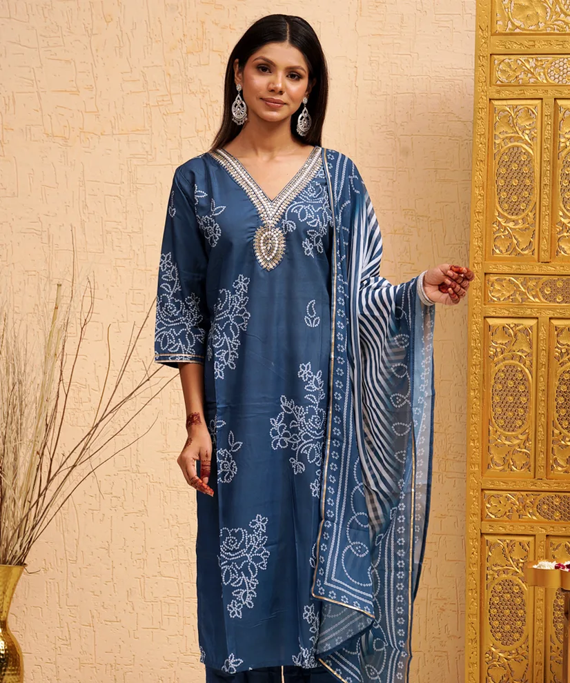 Midnight Indigo Embroidered Rayon Kurta Set