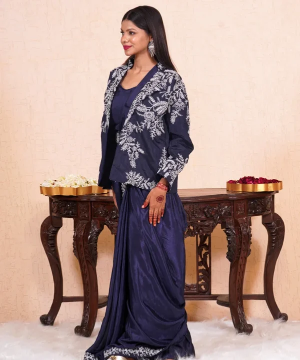 Midnight Elegance Embroidered Pre-Draped Saree Set