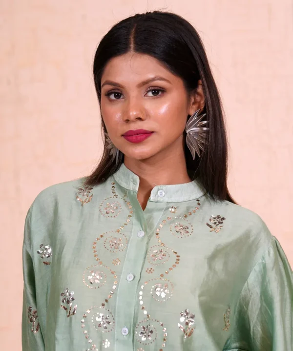 Sage Green Chanderi Pitta Work Co-ord Set Subtle Opulence