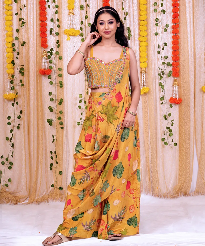 Mustard Floral Half Saree with Hand-Embellished Crop Top