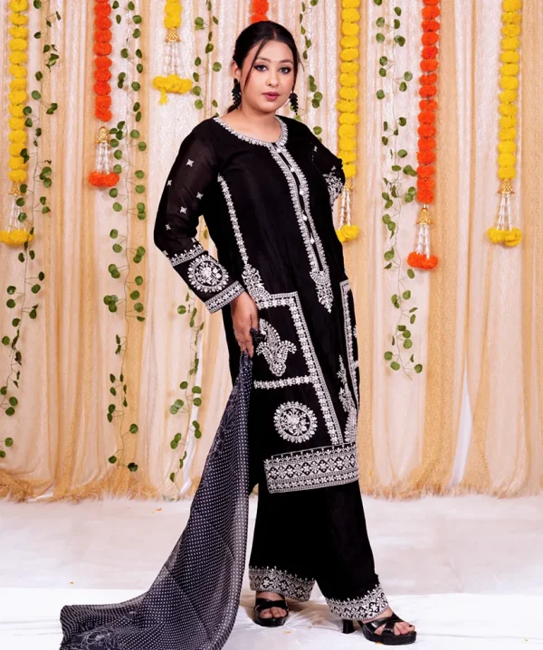 Black Embroidered Kurta Set with Contrasting Polka Dot Dupatta