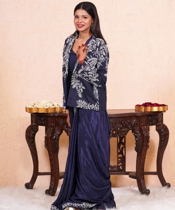 Midnight Elegance Embroidered Pre-Draped Saree Set