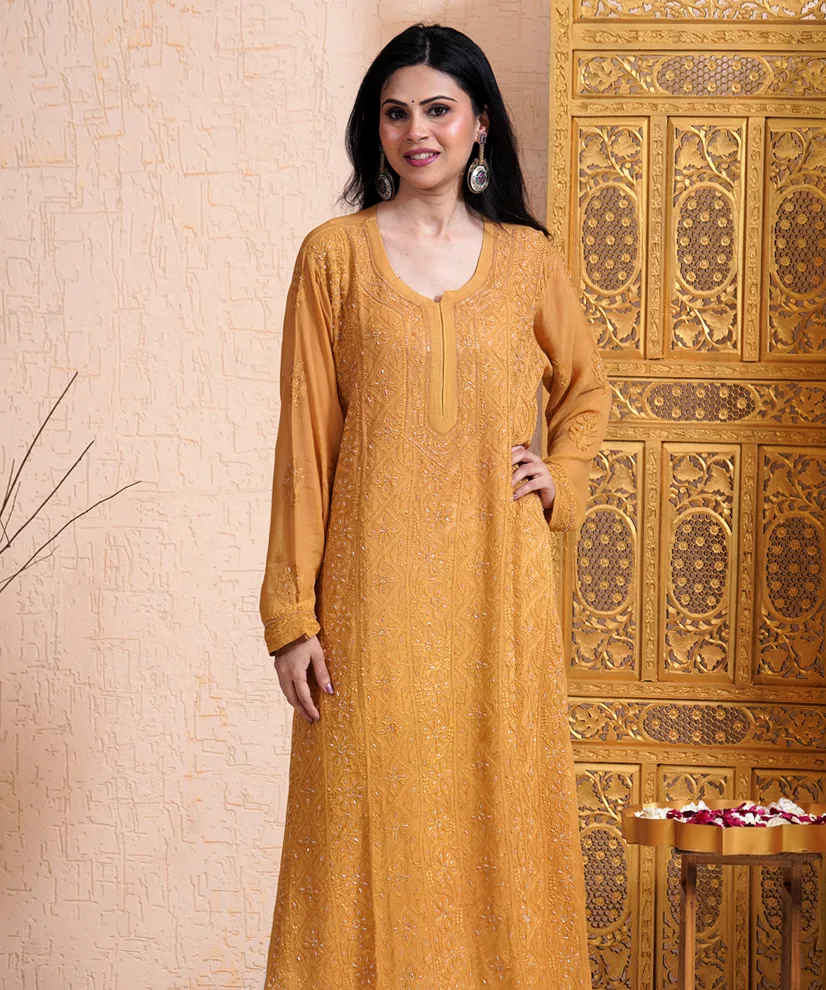 Amber Gold Georgette Chikankari Kurti Radiant & Regal