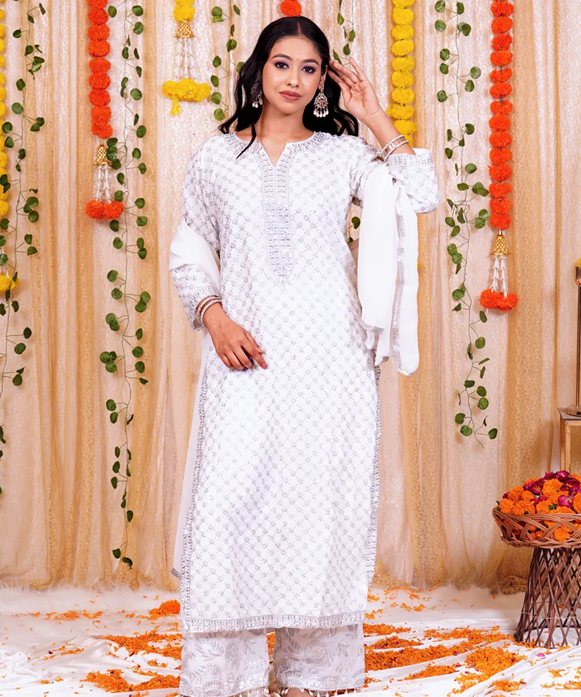 Icy White Sharara Set with Pearl Embroidery