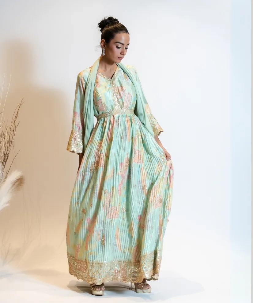 Pastel Bliss Chinon Silk Anarkali with Embroidered Accents