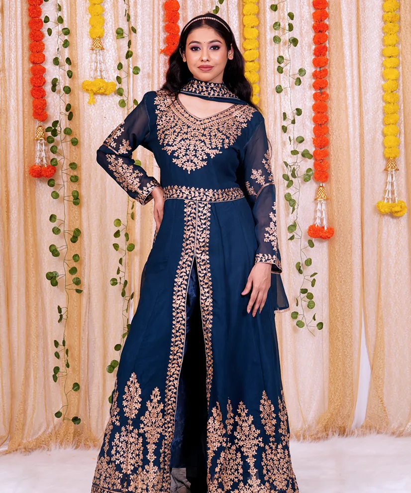 Midnight Blue Georgette Front-Slit Anarkali Set with Golden Embroidery