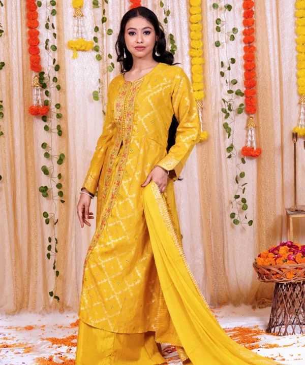 Turmeric Yellow Kurta Sharara Set with Embroidered Dupatta