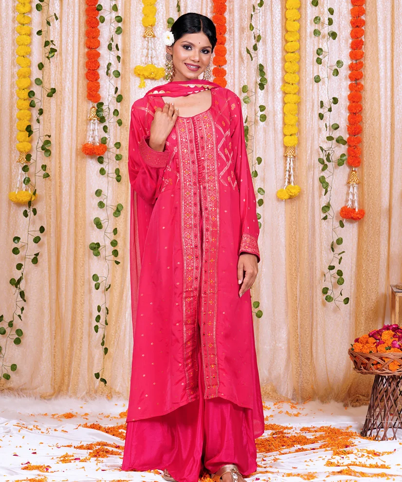 Rani Pink Georgette Embellished Kurta Set with Pants & Dupatta