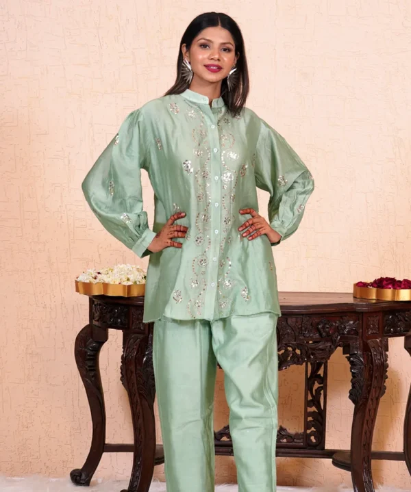 Sage Green Chanderi Pitta Work Co-ord Set Subtle Opulence