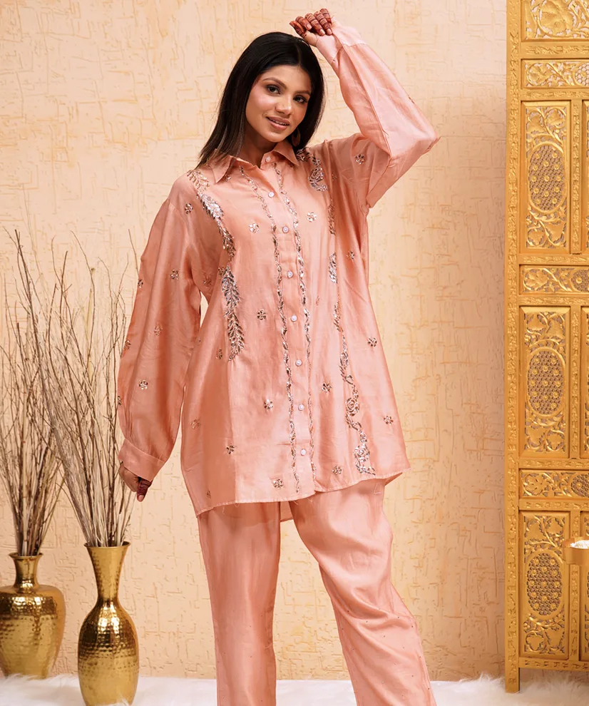 Pale Copper Chanderi Pitta Work Co-ord Set