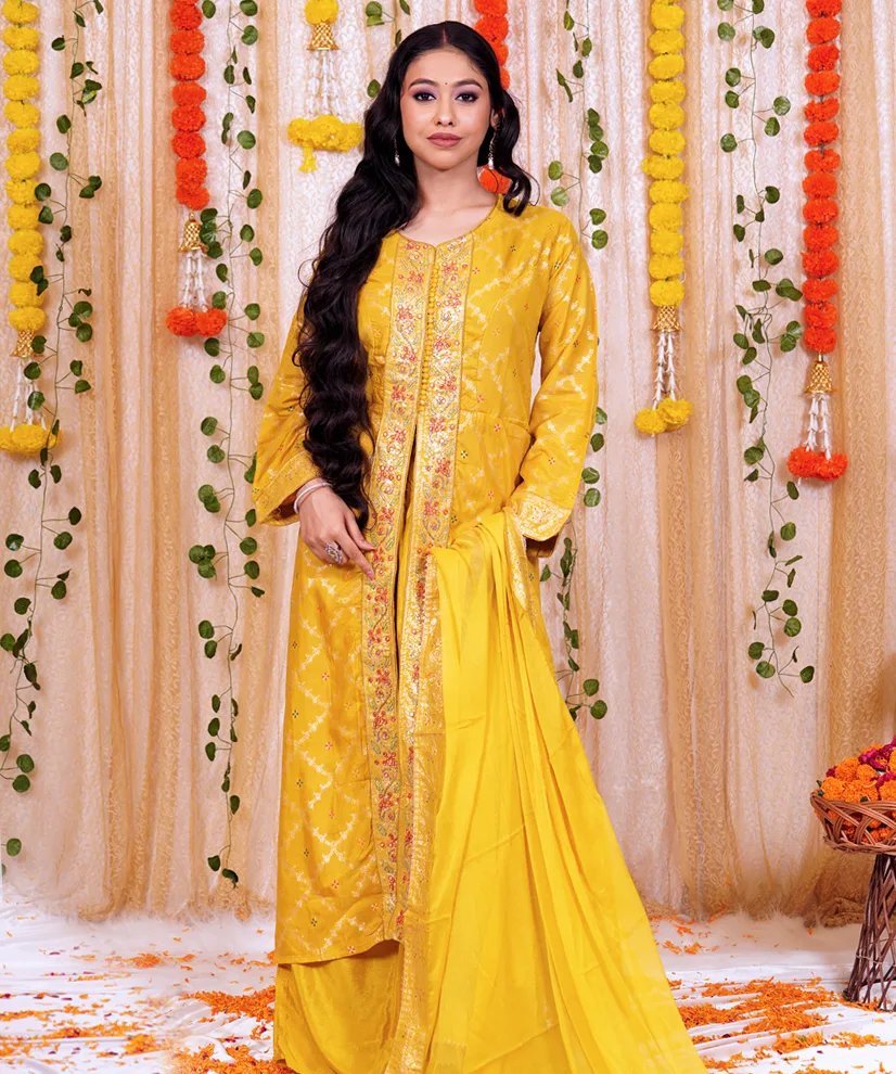 Turmeric Yellow Kurta Sharara Set with Embroidered Dupatta
