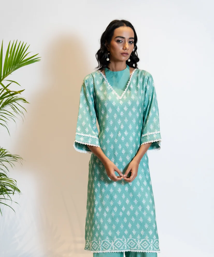 Sky Blue V-Neck Kurta Set with Delicate Lace Accents