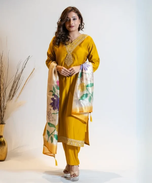 Golden Bloom - Mustard Kurta Set with Floral Dupatta