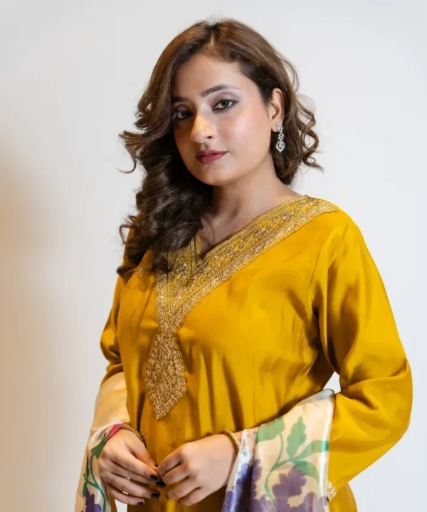 Golden Bloom - Mustard Kurta Set with Floral Dupatta