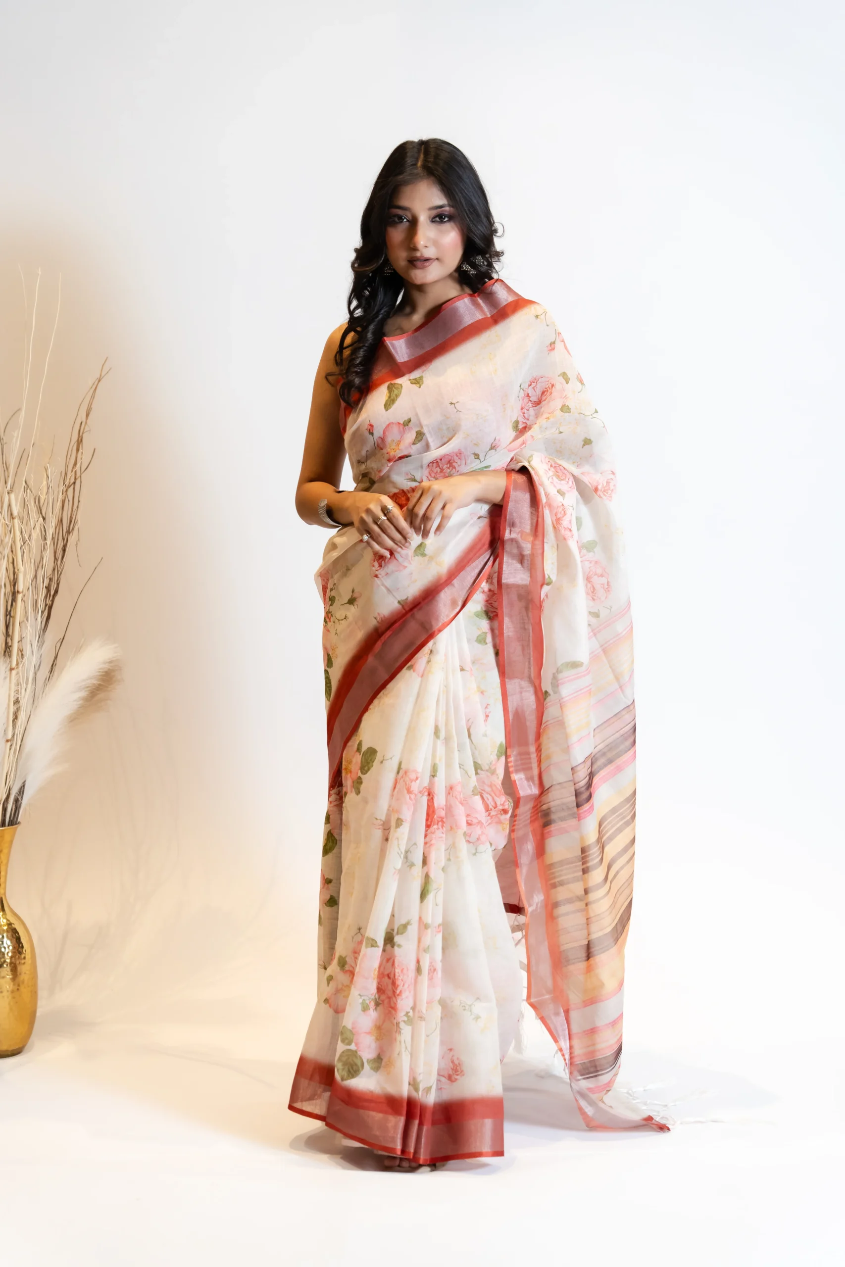 Summer Bloom Cotton Saree in Off-White with Contrast Pallu