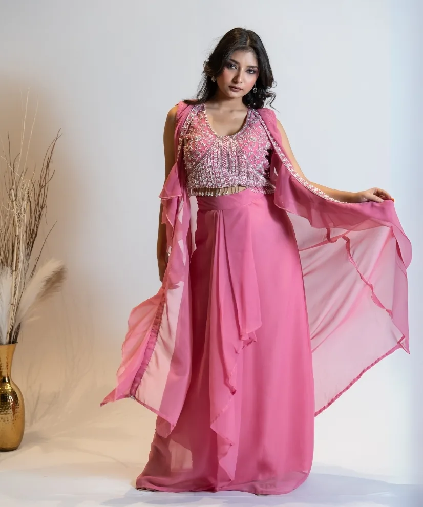 Rosé Reverie – Pink Ruffle Cape Indo-Western Co-ord Set