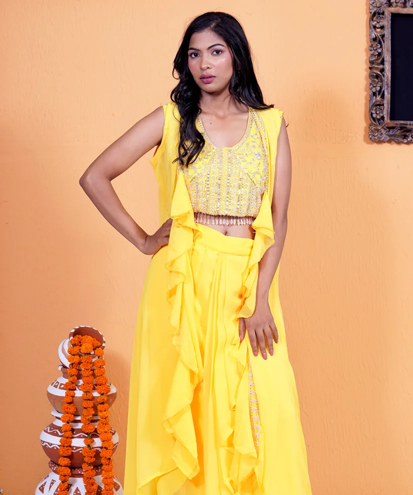 Sunlit Glow – Ruffle Cape Indo-Western Co-ord Set