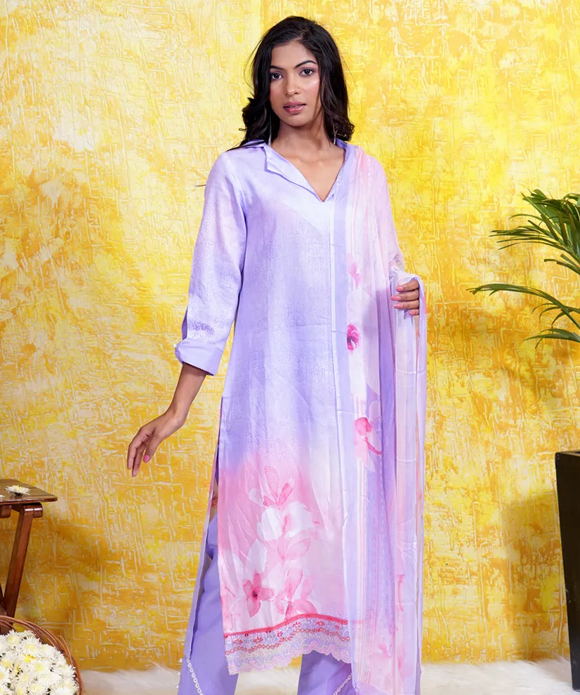 Lavender Whisper Cotton Kurta Set with Floral Print