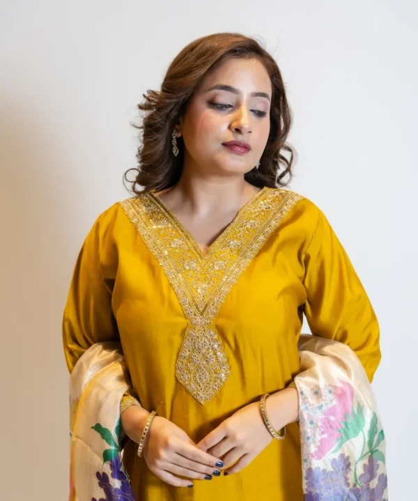 Golden Bloom - Mustard Kurta Set with Floral Dupatta