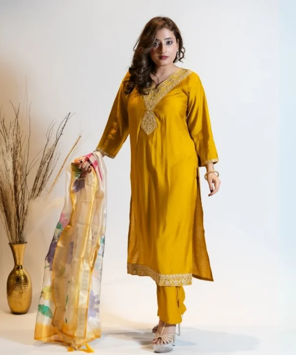 Golden Bloom - Mustard Kurta Set with Floral Dupatta
