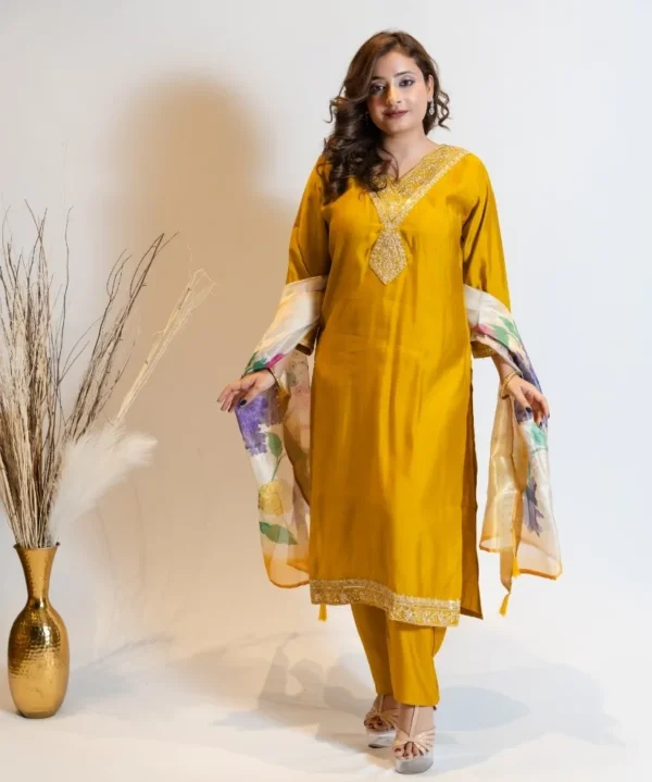 Golden Bloom - Mustard Kurta Set with Floral Dupatta