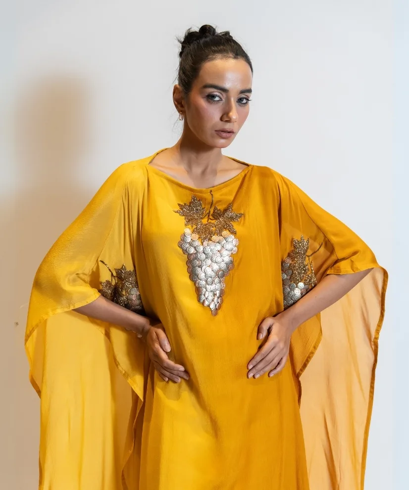 Amber Mustard Embellished Georgette Kaftan Dress