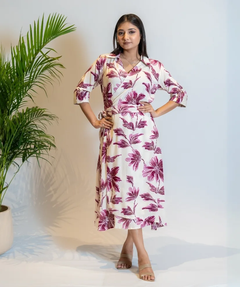 "White & Plum Floral Cotton Wrap Dress "