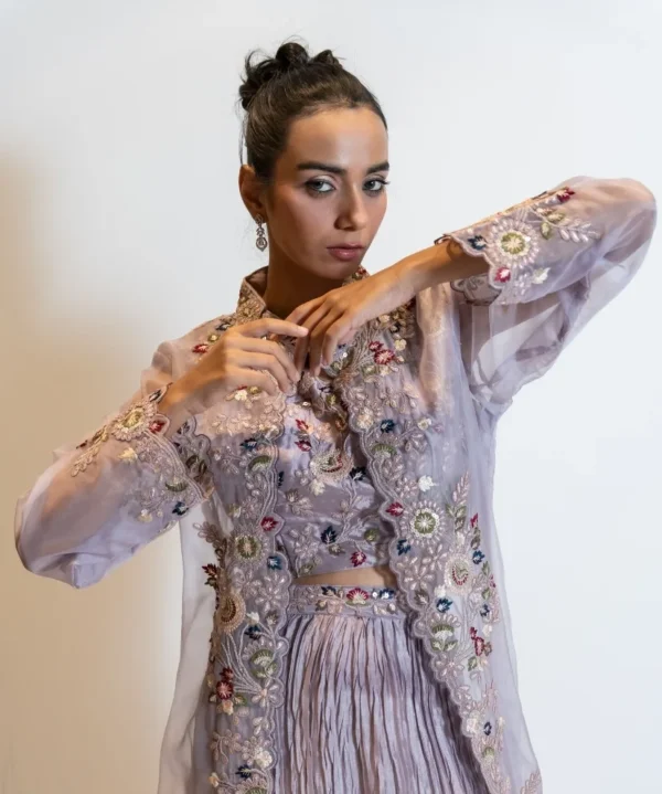 Mauve Lehenga Set with Embroidered Organza Shrug